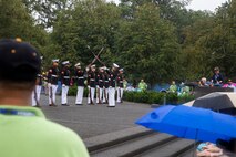 Marines with the Silent Drill Platoon execute their “rifle inspection” sequence during an Honor Flight performance at the Marine Corps War Memorial, Arlington, Va., Aug. 18, 2021.