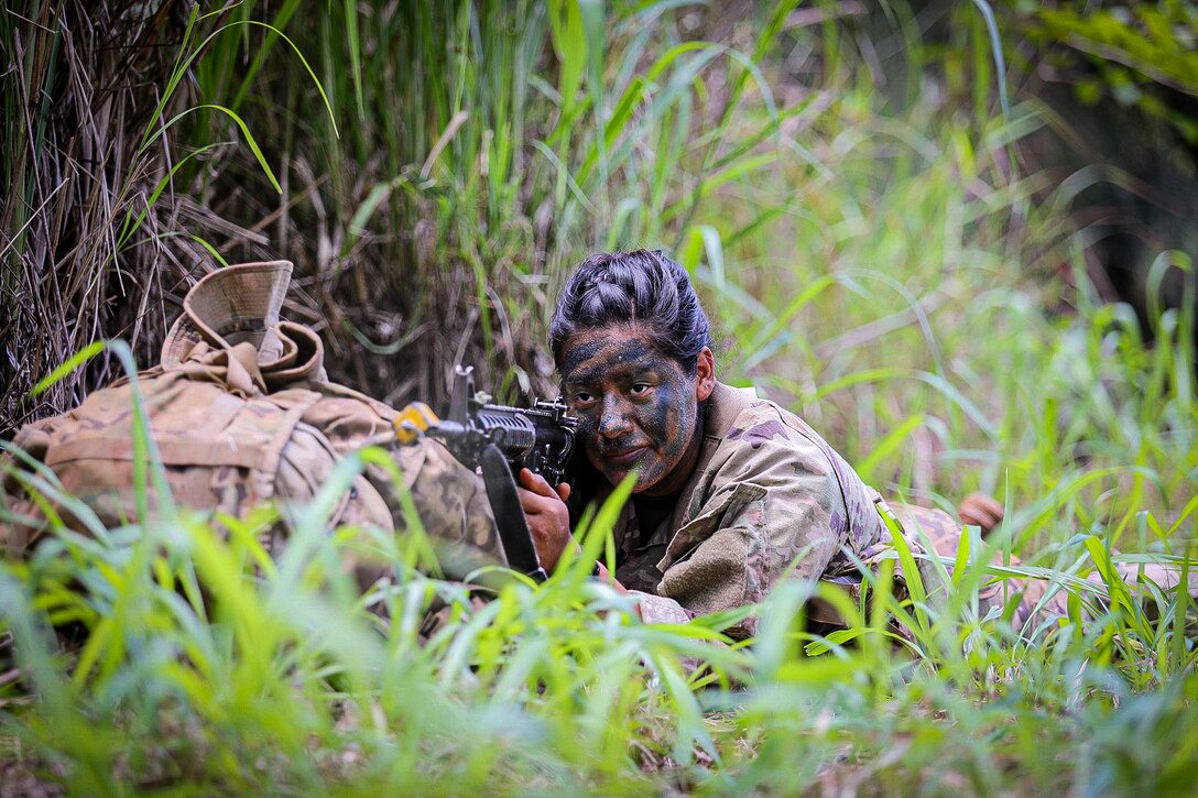 A soldier laying in the grass wearing camouflage aims a weapon.