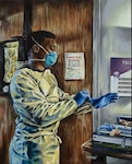 Painting titled “COVID 7312” by Sgt. 1st Class Curt Loter
Acrylic on Canvas, 2021. Army Nurse Sgt. Jahmar Walton prepares to enter a COVID-19 positive room to treat patients.
(Photo Credit: U.S. Army Museum Enterprise)