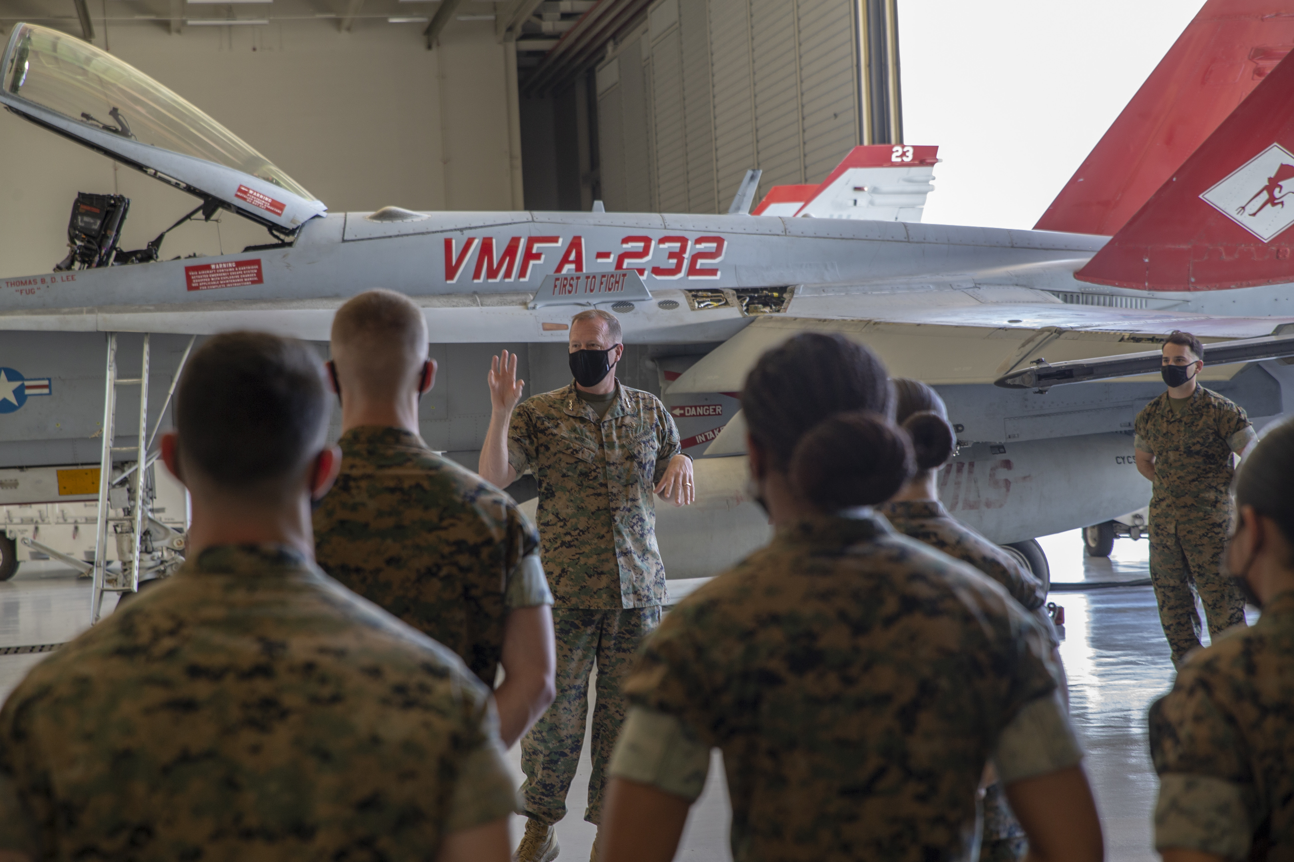 Lt. Gen. Mark Wise, the Deputy Commandant for Aviation, speaks with service members assigned to Marine Fighter Attack Squadron 232 during a visit to Marine Corps Base (MCB) Camp Blaz, Aug. 9, 2021.