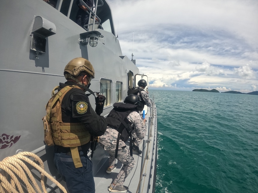 PHUKET, Thailand (Aug. 15, 2021) U.S. Navy and Thailand Maritime Enforcement Command Center (Thai MECC) personnel practice maritime tactics, techniques and procedures during Southeast Asia Cooperation and Training (SEACAT) exercise