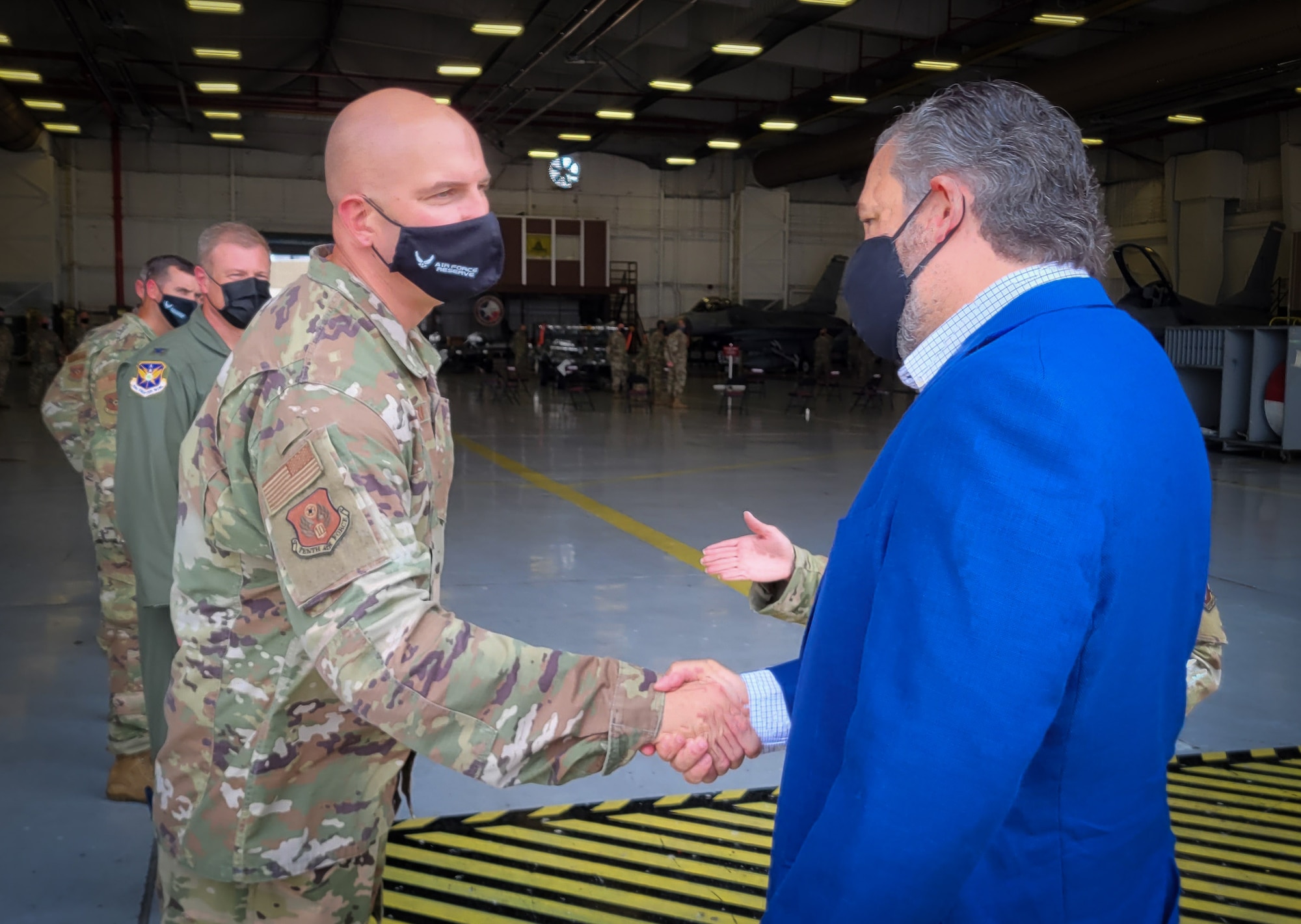 (left) Col. Dean Sniegowski 10th Air Force vice commander welcomes Texas Senator Ted Cruz to the 301st Fighter Wing hangar at Naval Air Station Joint Reserve Base Fort Worth, Texas on August 19, 2021. The 301 FW falls under 10 AF, the Reserve numbered Air Force command who overseas the most dynamic mission set to include fighters, special operations, intelligence, surveillance and reconnaissance, space and cyber operations. (U.S. Air Force photo by Jeremy Roman)