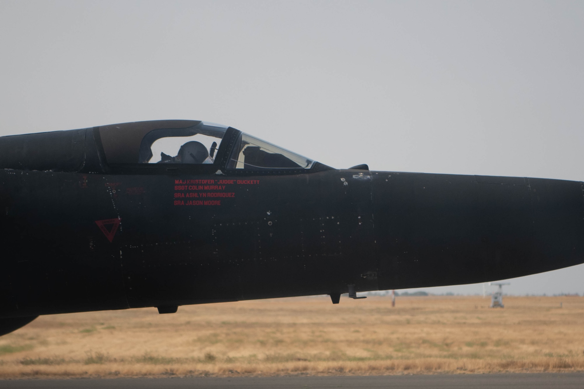 Maj. Kristopher Duckett, 99th Reconnaissance Squadron U-2 Dragon Lady pilot, sits in the cockpit of a U-2 after flying in pattern Aug. 11, 2021, at Beale Air Force Base, California.