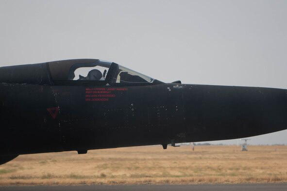 Maj. Kristopher Duckett, 99th Reconnaissance Squadron U-2 Dragon Lady pilot, sits in the cockpit of a U-2 after flying in pattern Aug. 11, 2021, at Beale Air Force Base, California.