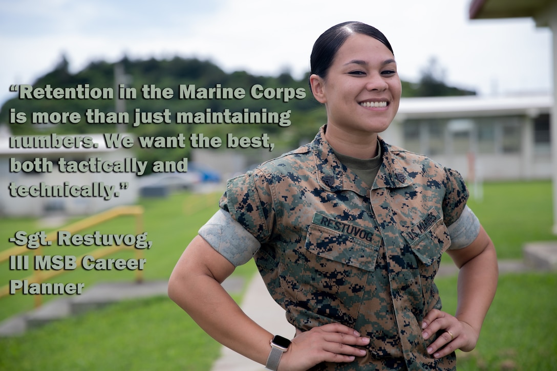 U.S. Marine Corps Sgt. Micheala Restuvog, the career planner with III Marine Expeditionary Force Support Battalion, poses for a photo on Camp Courtney, Okinawa, Japan, Aug. 17, 2021. Restuvog has served as a career planner for many years now impacting Marines' lives on a daily basis. (U.S. Marine Corps photo/ illustration by Cpl. Francesca Landis)