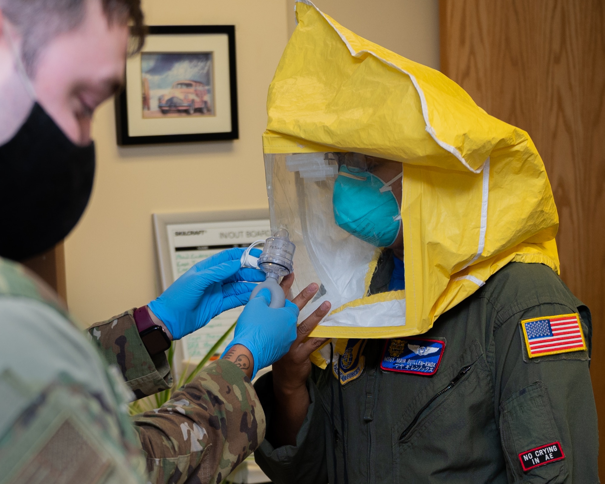 U.S. Air Force Senior Airman Lamarah Tyree, 18th Operational Medical Readiness Squadron bioenvironmental engineer journeyman, administers bitrex for a mask fit test at Kadena Air Base, Japan, Aug. 20, 2021. From N95 masks to gas masks; bioenvironmental engineers ensure any mask designed to protect against harmful materials fits correctly. (U.S. Air Force photo by Airman 1st Class Stephen Pulter)