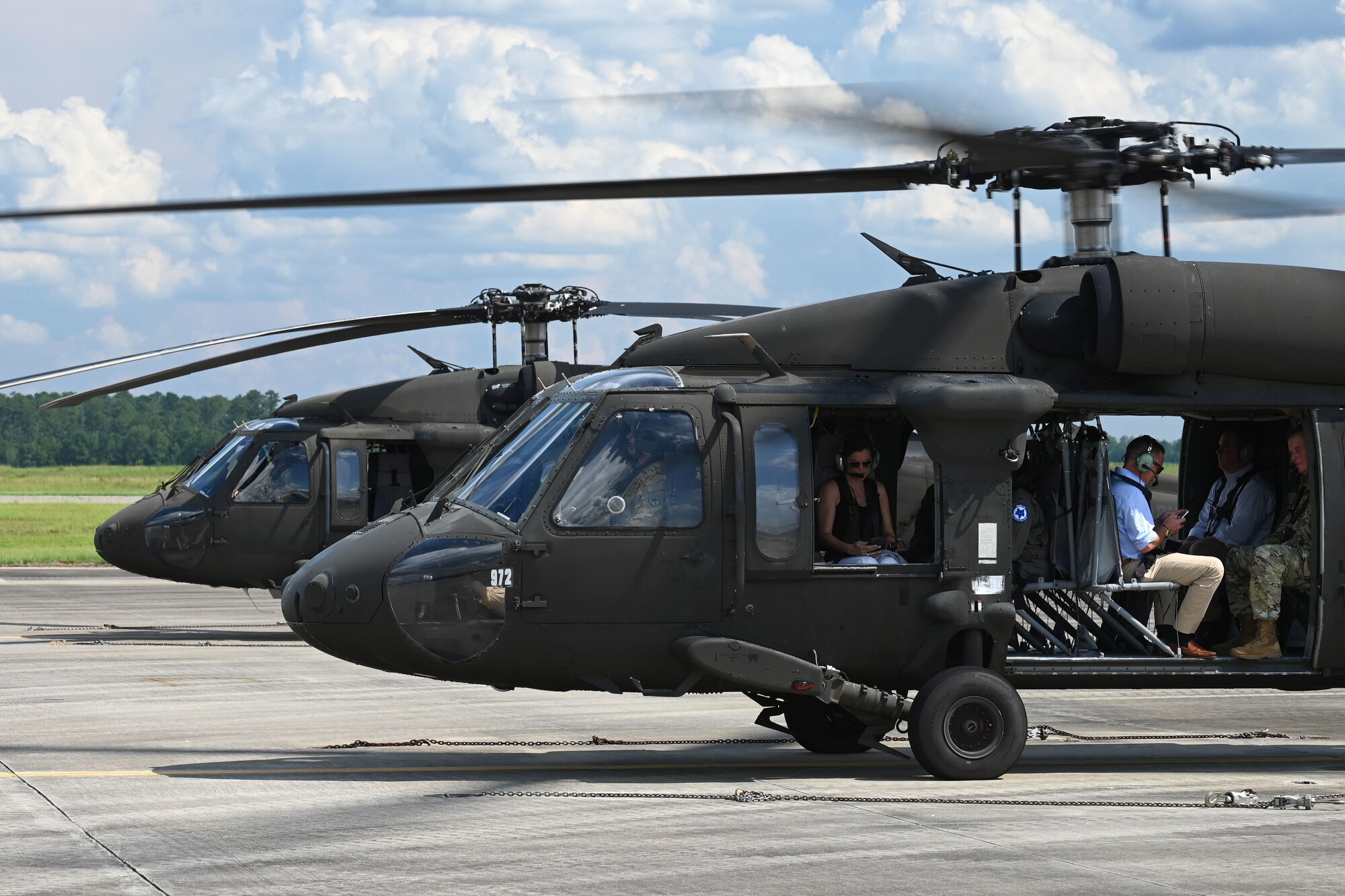 U.S. Rep. Nancy Mace and her staff from Charleston, South Carolina board a UH-60 Black Hawk helicopter for an aerial tour of McEntire Joint National Guard Base and the McCrady Training Center, South Carolina during her visit Aug. 19, 2021. The purpose of her visit is to meet with South Carolina National Guard leadership to discuss the current state of the South Carolina National Guard and future endeavors for the organization as well as a familiarization of the base and the capabilities of the units housed there. (U.S. Air National Guard photo by Senior Master Sgt. Edward Snyder, 169th Fighter Wing Public Affairs)