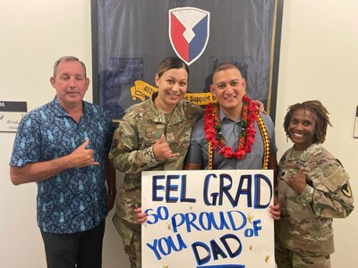 Ruben Moreno’s daughter, U.S. Air Force Staff Sgt. Samantha Ikahihifo, surprised her dad at work to celebrate his graduation from U.S. Army Pacific's Emerging Enterprise Leadership course. “I saw this course as a chance to develop and learn as a leader,” said Moreno.