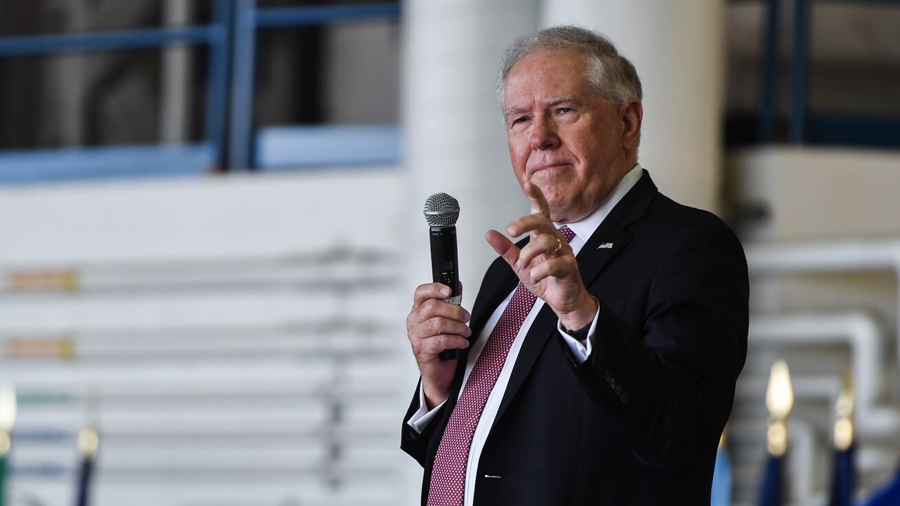 Secretary of the Air Force Frank Kendall shares his vision with Airmen during a town hall at Joint Base Pearl Harbor-Hickam, Hawaii, Aug. 17, 2021. Kendall visited the base to meet Airmen and Guardians and discuss activities aimed at enhancing interoperability with allies and partners to ensure peace and stability throughout the Indo-Pacific. (U.S. Air Force photo by Senior Airman Alan Ricker)
