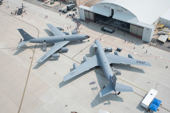 Two KC-135 Stratotankers sit in front of a hangar during Utah Air National Guard’s bi-annual Wingman Day and 75th Anniversary event at the Roland R. Wright Air National Guard Base in Salt Lake City, Utah, Aug. 7, 2021. During the event the Utah ANG, in collaboration with Collins Aerospace, successfully demonstrated advanced communication, mission computing and sensor technologies to support Joint All Domain Command and Control and Advanced Battle Management initiatives on a KC-135.