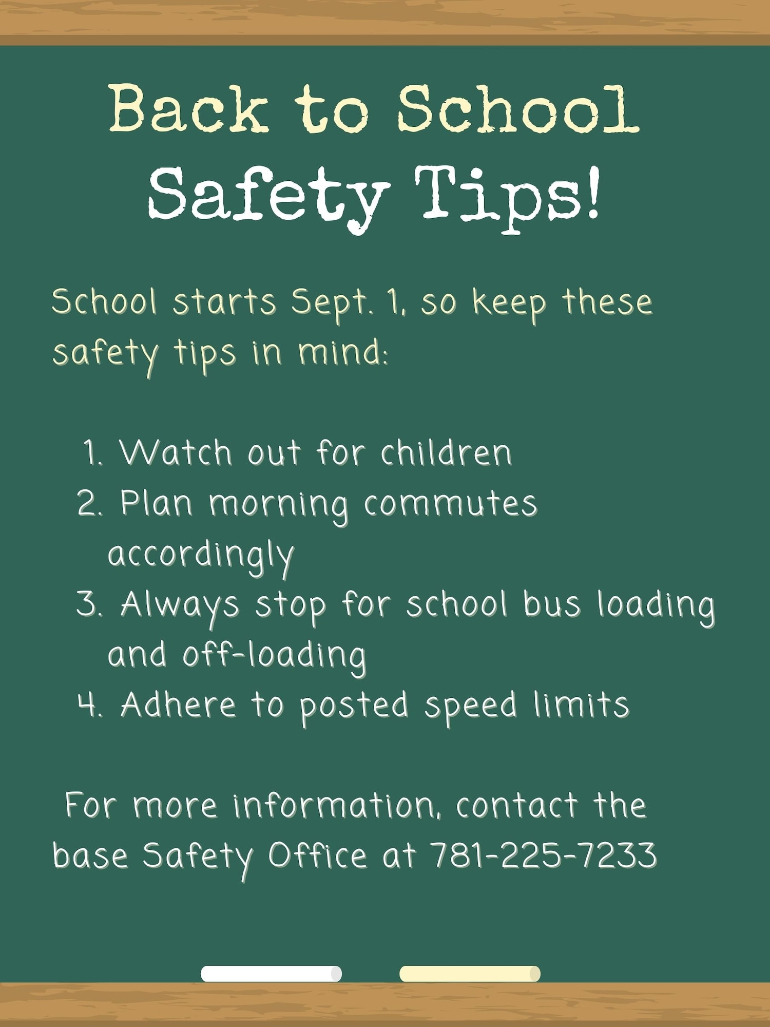 Safety and school officials at Hanscom Air Force Base, Mass., are reminding community members to take extra precautions while driving. Students will return to the Hanscom Middle and Primary Schools Sept. 1. (U.S. Air Force graphic by Lauren Russell)