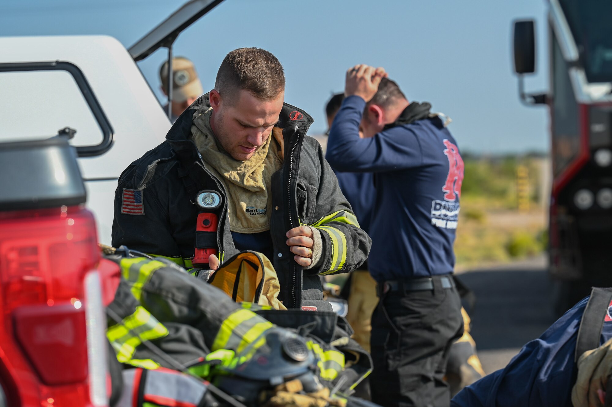 Firefighters participate in an exercise.