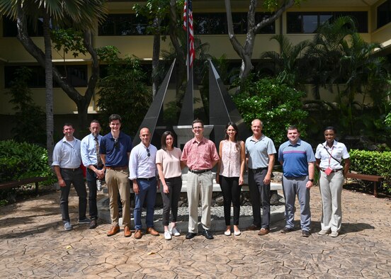 Mr. Timothy Nelson, Chief of Staff to Representative Ed Case, U.S. Representative to Hawaii’s First Congressional District Ed Case, middle, stands with members his staff delegation at Joint Base Pearl Harbor-Hickam, Hawaii, Aug. 18, 2021. Delegation visits provide Congressional staff members with an overview of U.S. military entities in PACAF, focusing on their impacts and influence to the Pacific theater. (U.S. Air Force photo by Tech. Sgt. Nick Wilson)