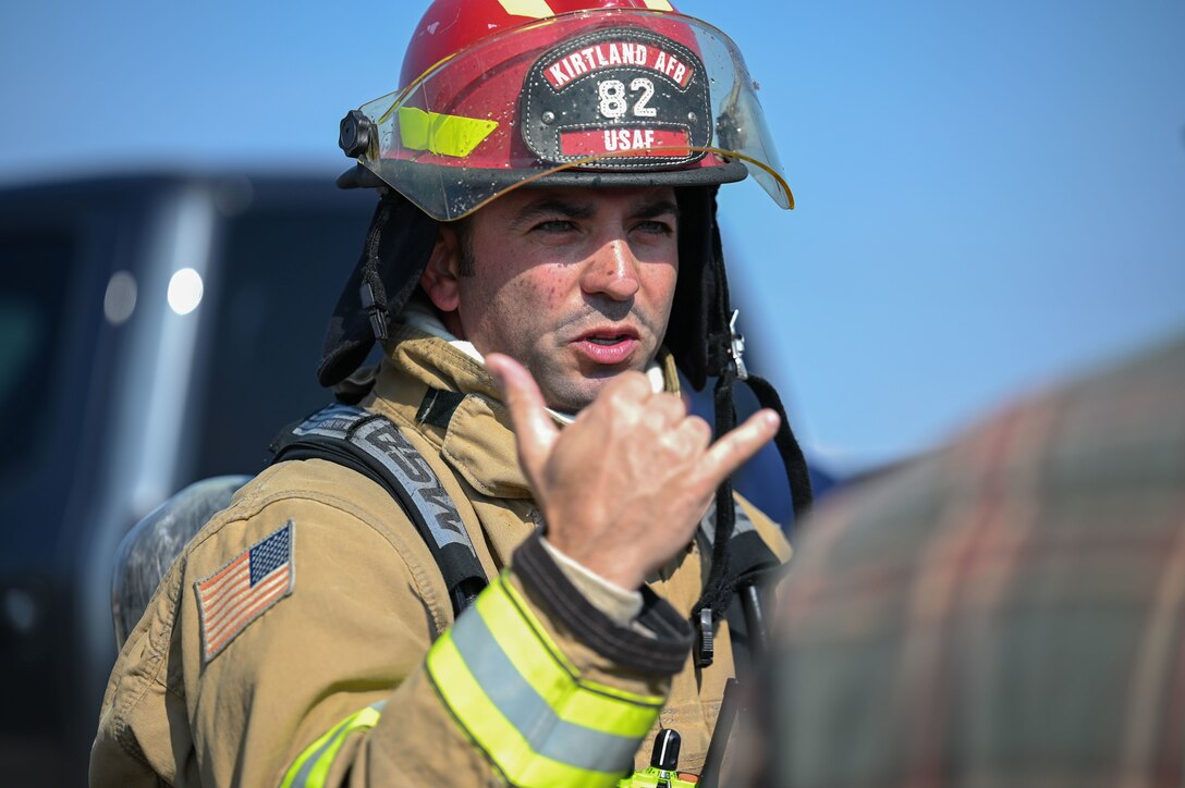 Firefighters participate in an exercise.