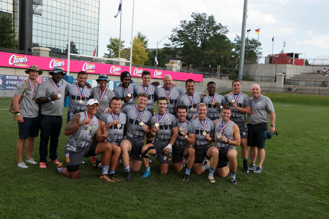 Navy wins gold at the 2021 Armed Forces Rugby Championship held in conjunction with the 2021 Rugbytown 7's Tournament, held from 20-22 August.  Service members from the Navy, Air Force (with Space Force personnel) and Coast Guard battle it out for gold.  (Department of Defense Photo, Released)