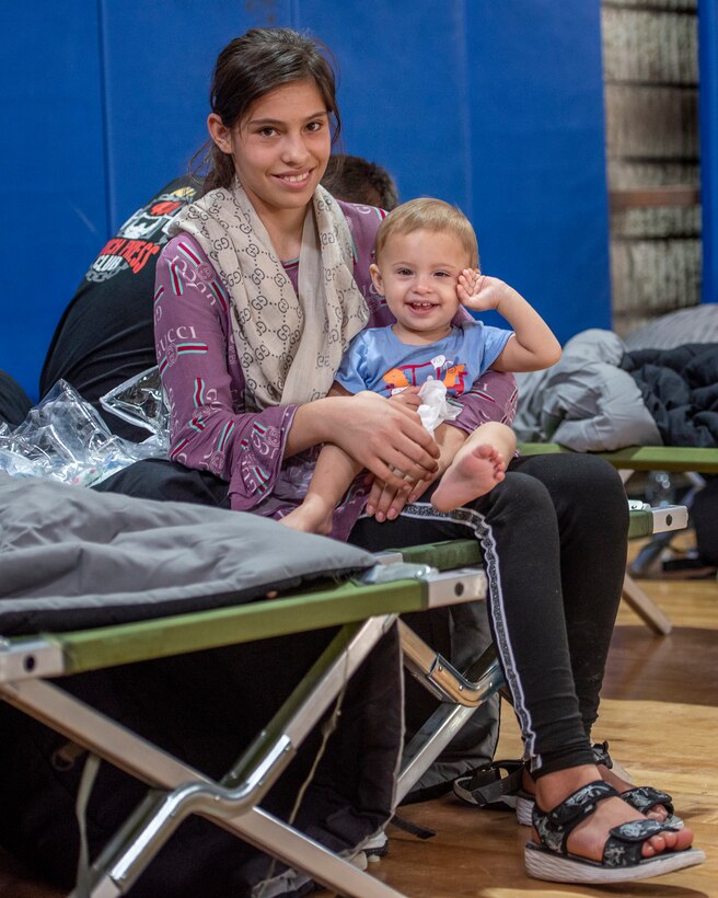 Qualified evacuees rest at a gym in the CENTCOM region, Aug. 20, 2021, at Al Udeid Air Base, Qatar.