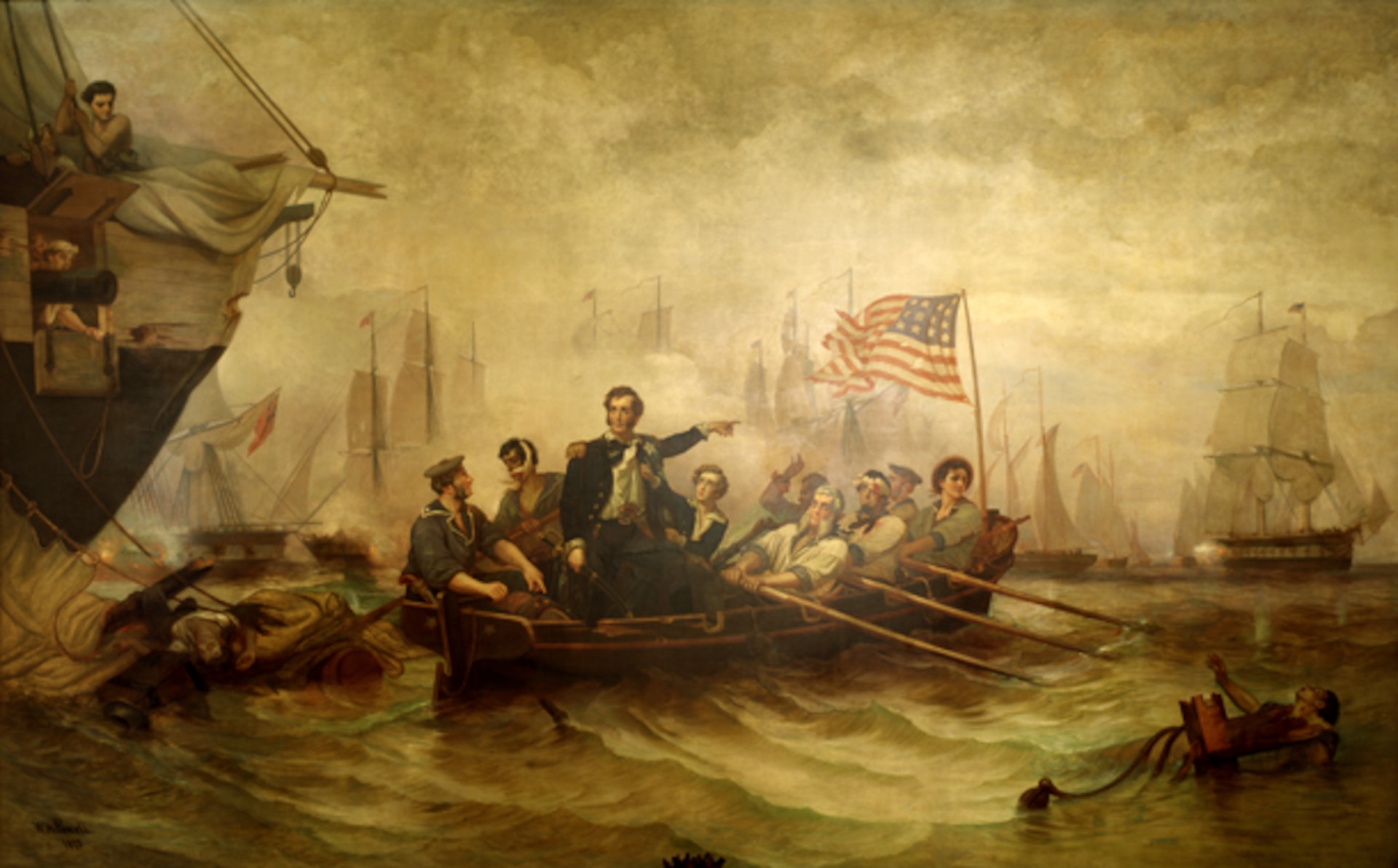 William Henry Powell, an Ohio artist who had studied with Henry Inman in New York City, received a coveted commission in 1847: the last of the historical paintings for the U.S. Capitol Rotunda. His subject, Discovery of the Mississippi by De Soto A.D. 1541, was completed in 1853. As Henry Tuckerman wrote in his 1867 Book of the Artists, it was “a commission bestowed upon him rather in deference to his Western origin than because of priority of claim in point of rank or age.” [1] That is, the new political clout of the Northwest Territory had made itself felt. This national success led his home state to commission Powell in 1857 to paint Perry’s Victory on Lake Erie for the rotunda of the Ohio Statehouse in Columbus. The work was completed in his New York City studio. The artist let it be known that he had used as models men from the Brooklyn Navy Yard and had sought authenticity in all the nautical details of the picture, an effort for which he was praised. The picture was installed in Columbus in 1865, whereupon the Joint Committee on the Library commissioned Powell, on March 2, 1865, for a painting “illustrative of some naval victory,” to be placed at the head of the east stairway in the Senate wing of the Capitol. [2] It seems certain that he was expected to repeat his Ohio Statehouse subject on a larger scale. He did so, painting it in a temporary studio inside the U.S. Capitol and completing it in 1873. For this version, it appears that Powell used as models workers then employed at the Capitol.



Powell chose as his subject the moment when Commodore Oliver Hazard Perry made his way from his severely damaged flagship, the Lawrence, in a rowboat through enemy fire to the Niagara. Powell enlarged the crew of the boat, showing six oarsmen, a helmsman, Perry, and Perry’s 13-year-old brother, Alexander, who served as Perry’s midshipman. Sources do not agree on whether Alexander in fact accompanied his brother in the rowboat, but it must have seemed an
