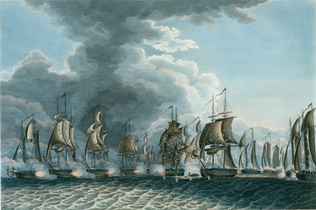 A painting shows a scene from the Battle of Lake Erie, Sept. 10, 1813. The battle took place between the opposing forces of the U.S. and Britain on the contested waters of Lake Erie during the War of 1812. The Battle of Lake Erie was one of the pivotal points of the war, with the United States trying to invade parts of Canada to use as a bargaining chip against the British in order to gain sailor's rights and free trade. (U.S. Navy photo/Released)