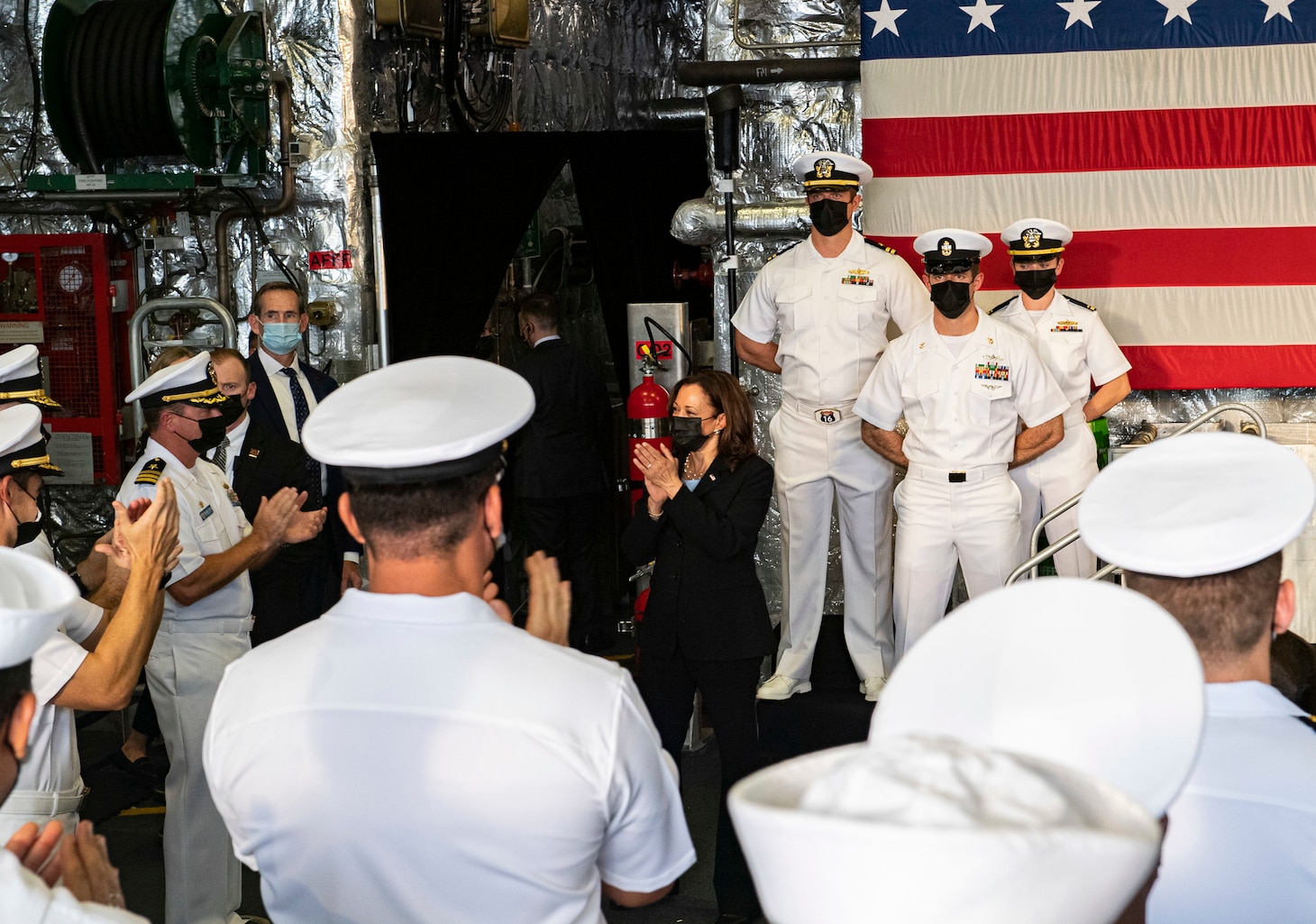 Vice President Kamala Harris addresses the crew of the Independence-variant littoral combat ship USS Tulsa (LCS 16) during an all-hands call, Aug. 23, 2021.