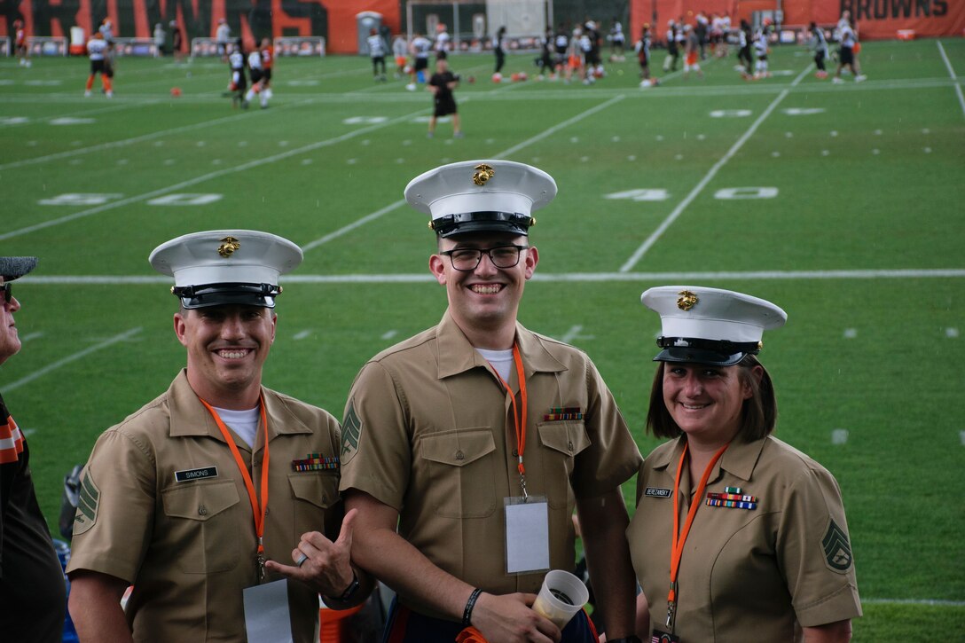 U.S. Marines with Recruiting Station Cleveland attend the Cleveland Browns training camp for military appreciation day at Berea, Ohio, Aug. 17, 2021. At the conclusion of the practice, Cleveland Browns quarterback, Baker Mayfield gave a speech to all the service members in attendance. (U.S. Marines photo by Cpl. Nello Miele)