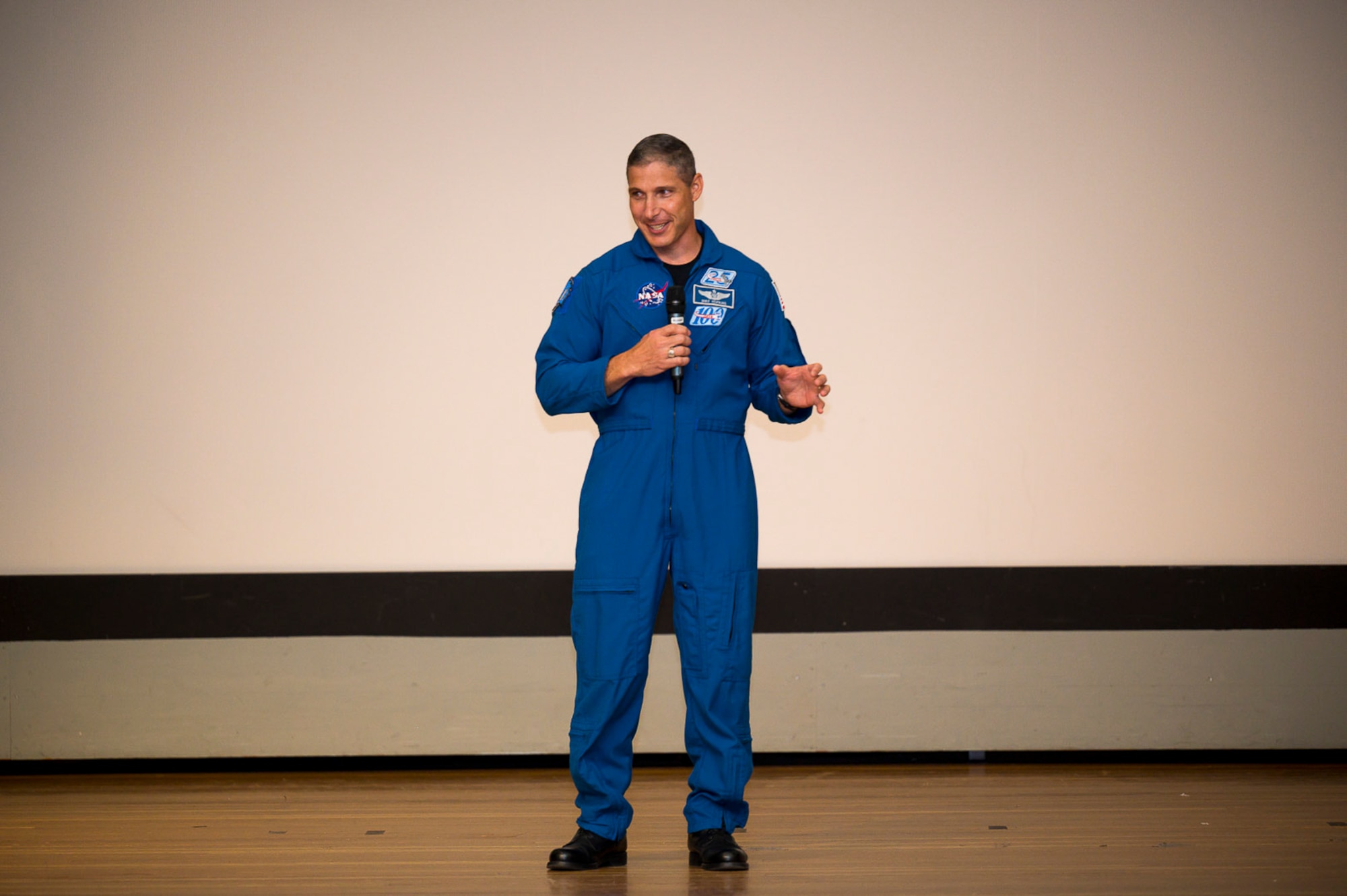 NASA and Space Force astronaut, Col. Michael Hopkins, provides his remarks as the the keynote speaker at Space Test Fundamentals Course 21-2 graduation ceremony at Edwards Air Force Base, California, Aug. 20. (Air Force photo by Katherine Franco)
