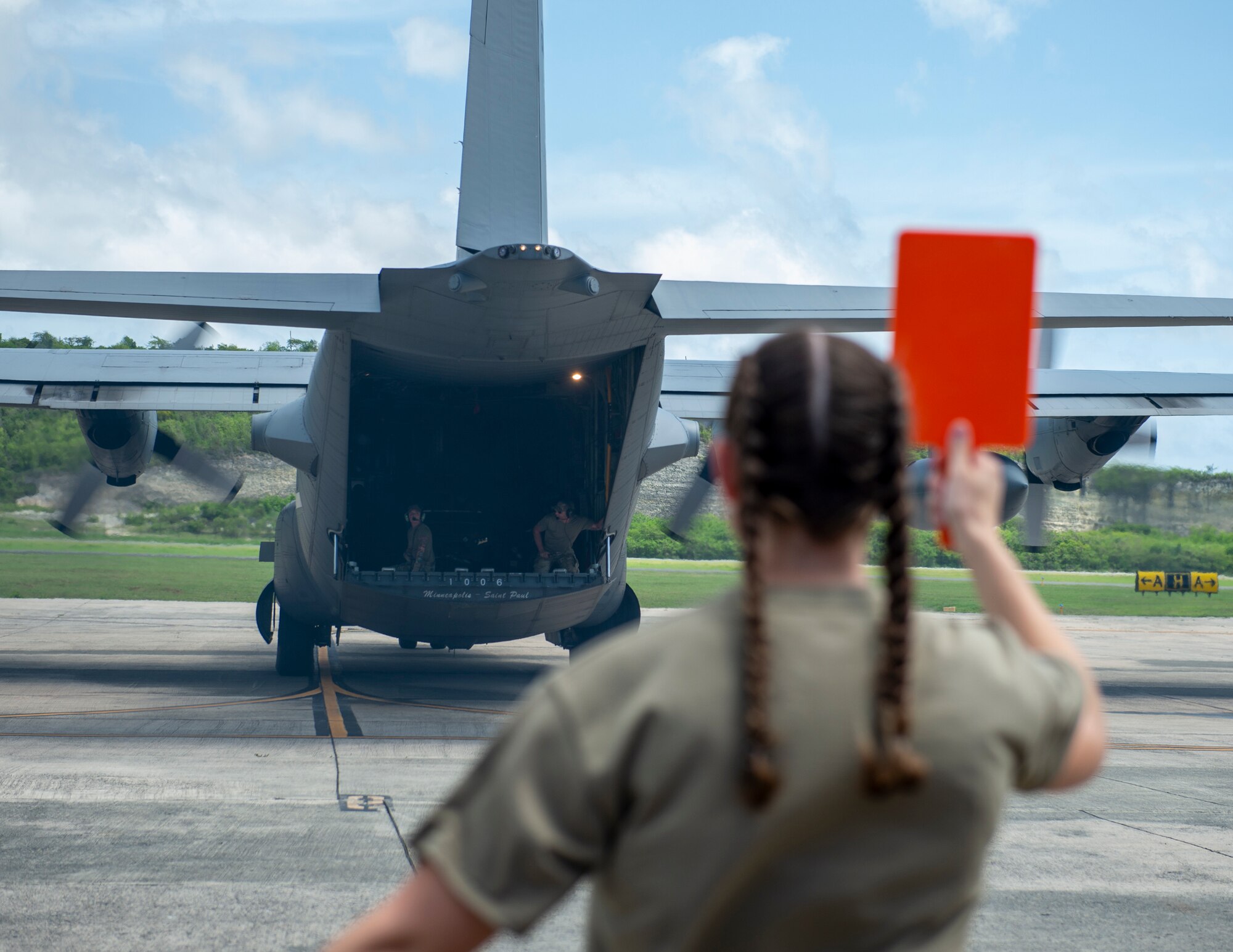 U.S. Air Force C-130 Hercules from the Minnesota Air National Guard, backs up onto the ramp in St. Croix, Virgin Islands, Aug. 17, 2021.