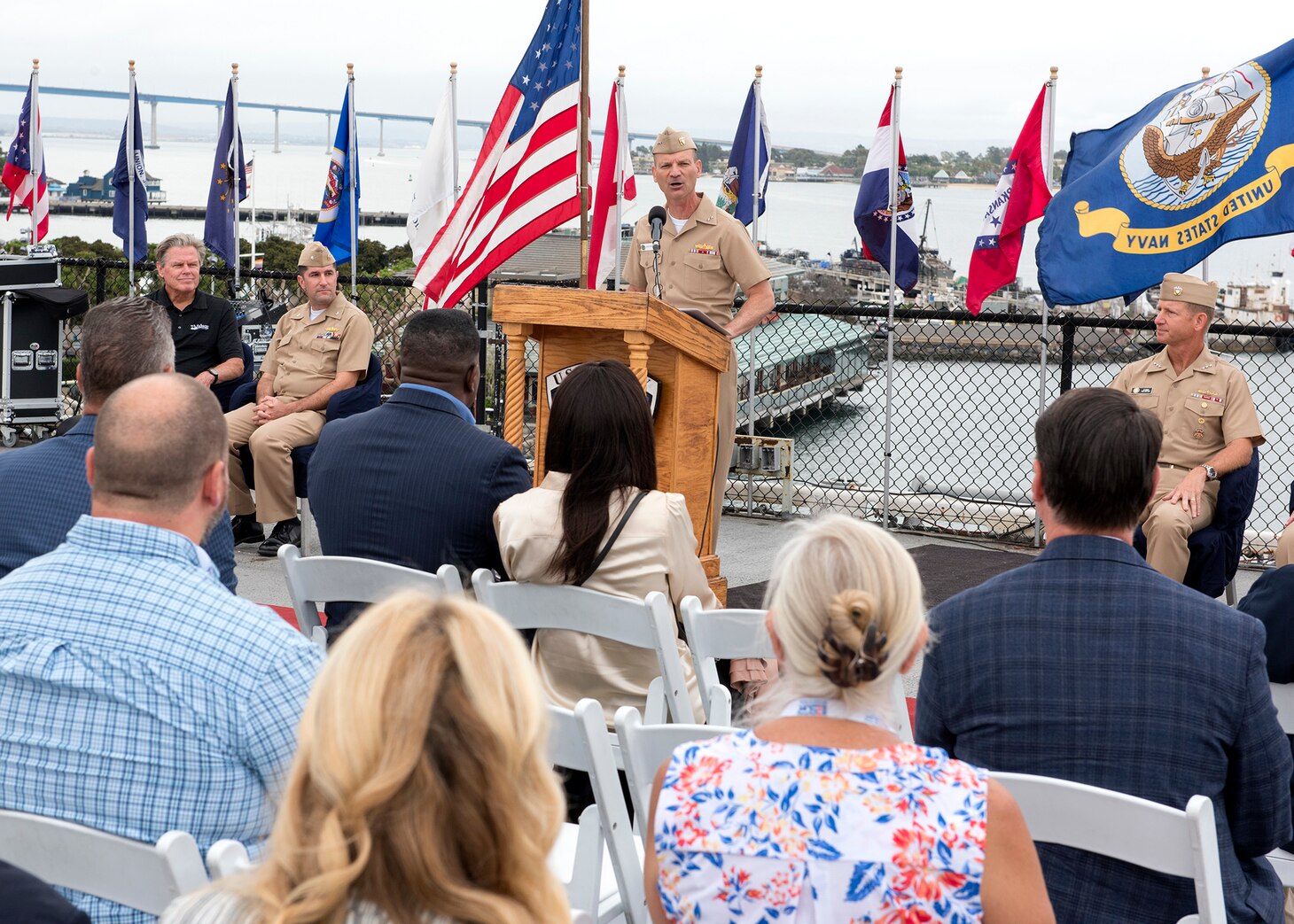 Rear Adm. John Schommer, Deputy Commander, Navy Reserve Force, speaks with employers aboard USS Midway Museum during a Navy Employer Recognition Event (NERE) in San Diego, August 20, 2021. Selected employers were nominated by their Navy Reserve employees for supporting their service and especially mobilization for the nation’s response to the COVID-19 pandemic, and invited to attend the one-day event that includes a tour of Midway, a static display of aircraft at Fleet Logistics Support Squadron (VR) 57, an equipment display by Maritime Expeditionary Security Squadron 1 and SEAL Team 17. The Navy Reserve mobilized 2,875 service members in 2020 under the presidential authorization for DoD’s support to the nation’s pandemic.