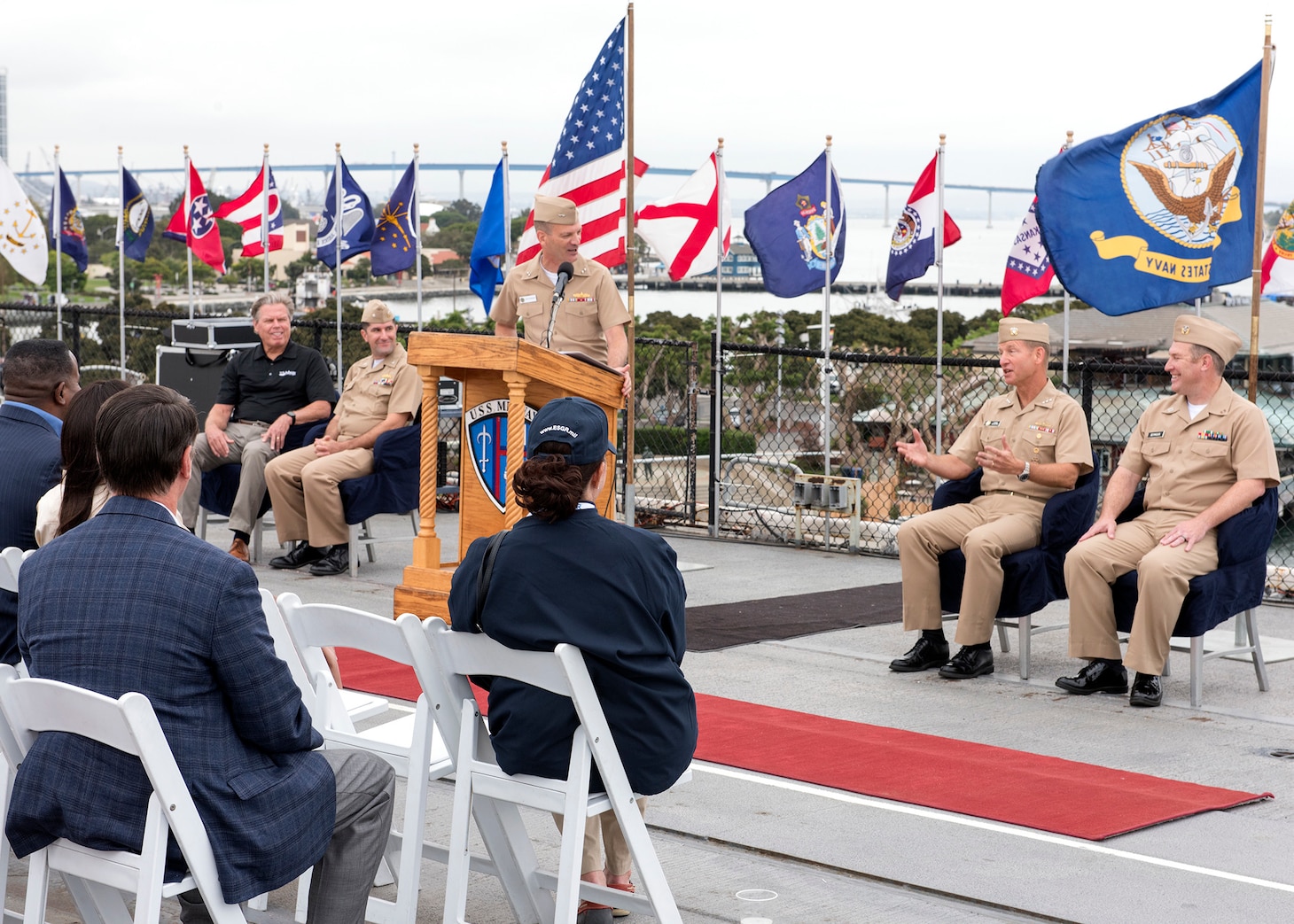 Rear Adm. John Schommer, Deputy Commander, Navy Reserve Force, speaks with employers aboard USS Midway Museum during a Navy Employer Recognition Event (NERE) in San Diego, August 20, 2021. Selected employers were nominated by their Navy Reserve employees for supporting their service and especially mobilization for the nation’s response to the COVID-19 pandemic, and invited to attend the one-day event that includes a tour of Midway, a static display of aircraft at Fleet Logistics Support Squadron (VR) 57, an equipment display by Maritime Expeditionary Security Squadron 1 and SEAL Team 17. The Navy Reserve mobilized 2,875 service members in 2020 under the presidential authorization for DoD’s support to the nation’s pandemic.