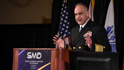 U.S. Navy Adm. Charles "Chas" A. Richard, commander of U.S. Strategic Command (USSTRATCOM), provides remarks during the 24th annual Space and Missile Defense Symposium at the Von Braun Center in Huntsville, Alabama, Aug. 12. “We have to maintain strategic deterrence in all domains, utilizing all of the elements of our national power. We need to define the larger whole of integrated deterrence and how each of our parts fit into it,” Richard said. As a global warfighting combatant command, USSTRATCOM delivers a dominant strategic force and innovative team to maintain our Nation’s enduring strength, prevent and prevail in great power conflict, and grow the intellectual capital to forge 21st century strategic deterrence. (U.S. Navy photo by CAPT Ron Flanders)