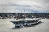 USS Nimitz (CVN 68) arrives at Naval Base Kitsap-Bremerton March 7, 2021. The ship's arrival completed a nearly 11-month deployment to U.S. 3rd, 5th and 7th Fleets, including participation in Operations Freedom's Sentinel, Inherent Resolve and Octave Quartz. The Nimitz Project Team reached the halfway point of its Planned Incremental Availability Aug. 11, 2021. (PSNS & IMF Photo by Wendy Hallmark)