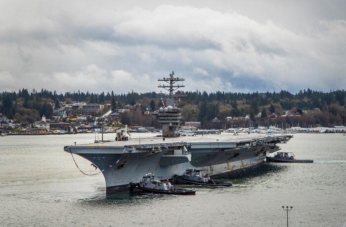 USS Nimitz (CVN 68) arrives at Naval Base Kitsap-Bremerton March 7, 2021. The ship's arrival completed a nearly 11-month deployment to U.S. 3rd, 5th and 7th Fleets, including participation in Operations Freedom's Sentinel, Inherent Resolve and Octave Quartz. The Nimitz Project Team reached the halfway point of its Planned Incremental Availability Aug. 11, 2021. (PSNS & IMF Photo by Wendy Hallmark)