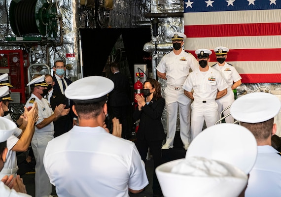 Vice President Kamala Harris addresses the crew of the Independence-variant littoral combat ship USS Tulsa (LCS 16) during an all-hands call, Aug. 23, 2021.
