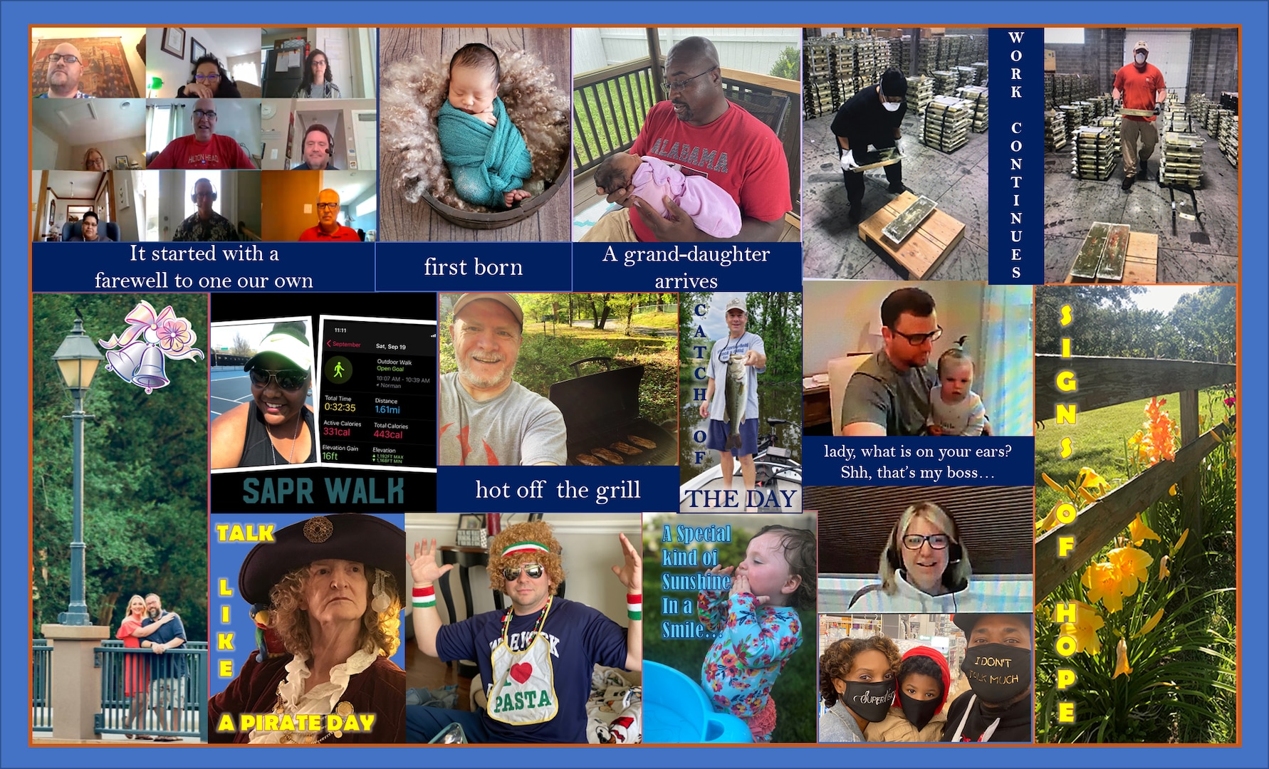 Graphic is a collage of about 20 pictures of people doing things during their off-duty time.