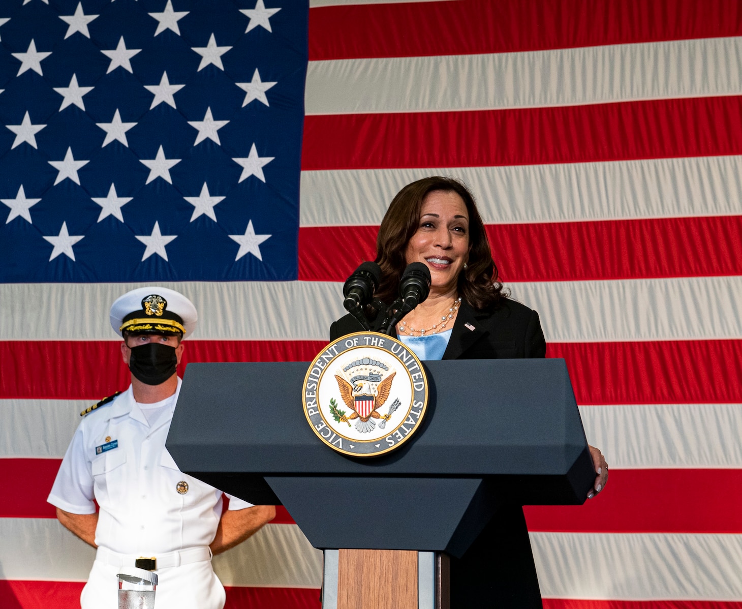 SINGAPORE (AUG. 23, 2021) Vice President Kamala Harris addresses the crew of the Independence-variant littoral combat ship USS Tulsa (LCS 16) during an all-hands call, Aug. 23, 2021. Tulsa, part of Destroyer Squadron Seven, is on a rotational deployment in the U.S. 7th Fleet area of operation to enhance interoperability with partners and serve as a ready-response force in support of a free and open Indo-Pacific region.