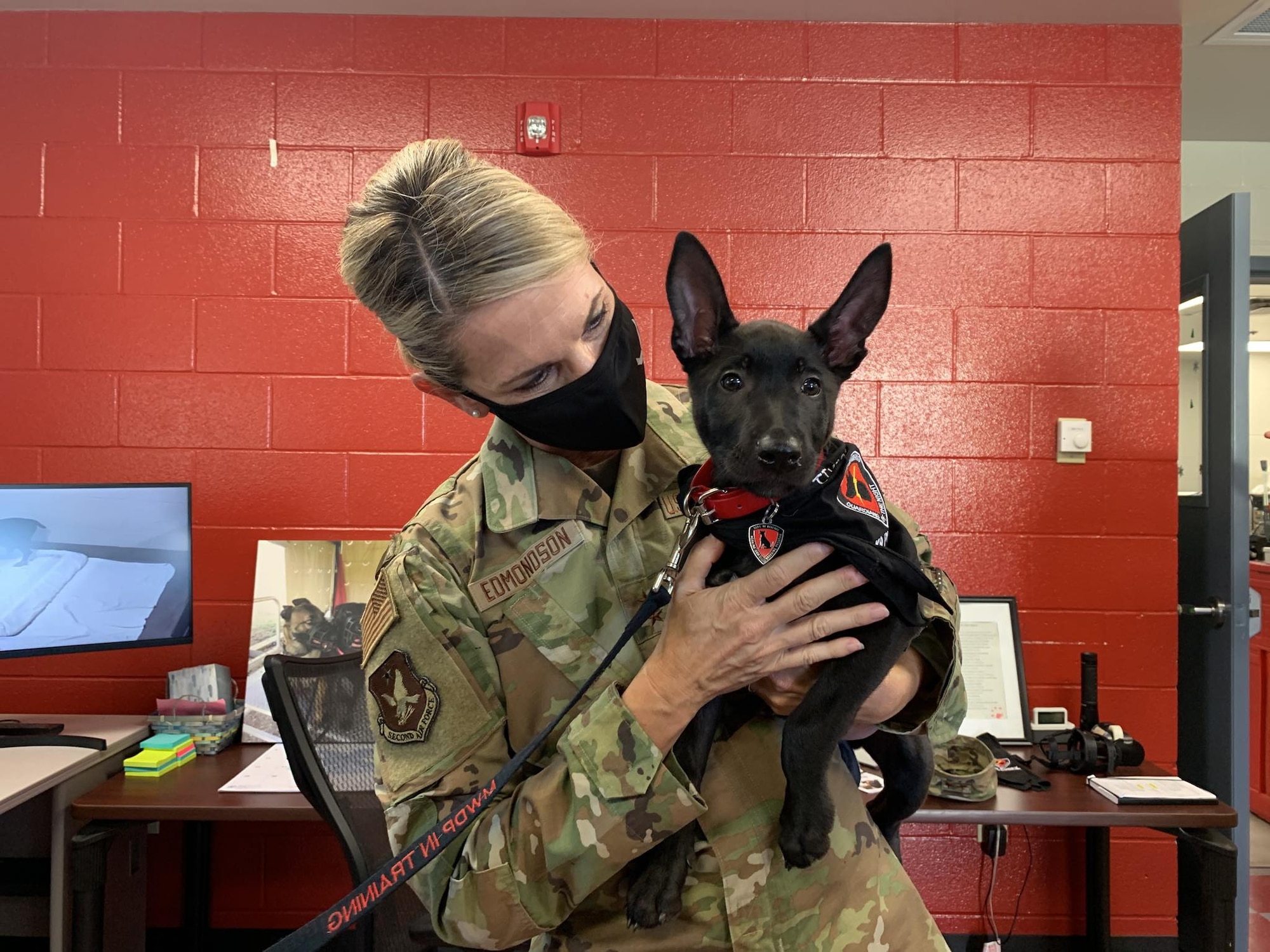 Maj. Gen. Michele Edmondson, 2d Air Force commander, holds a military working dog puppy.