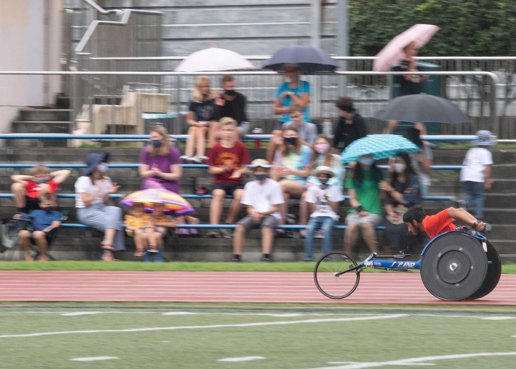 Gianfranco Iannotta, U.S. Para track and field team member, prepares for his race during a practice session at Yokota Air Base, Japan, Aug. 18, 2021.
