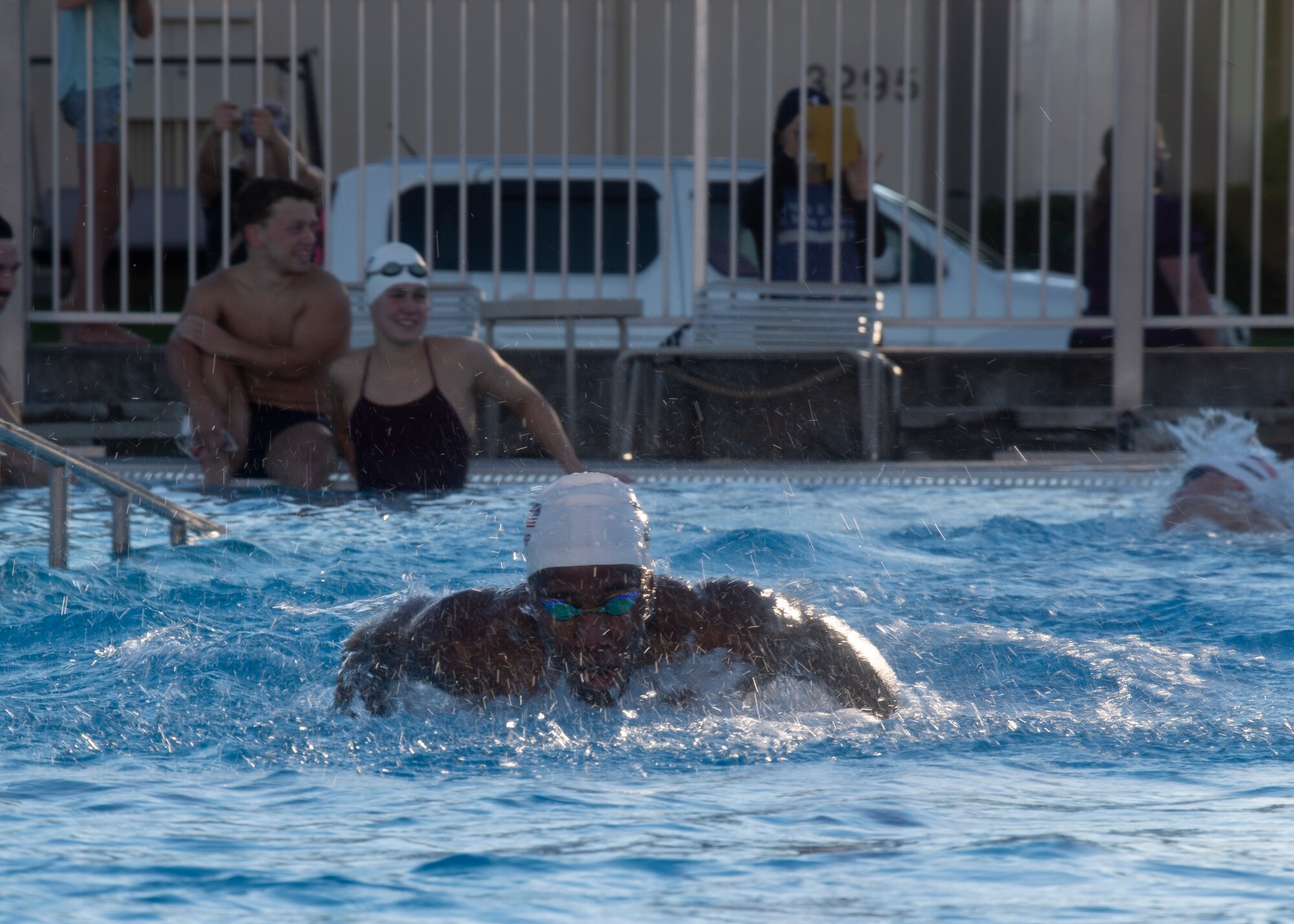 Lawrence Sapp, U.S. Paralympic swimmer, practices his butterfly stroke at Yokota Air Base, Japan, Aug. 18, 2021, before competing in the 2020 Summer Paralympic games in Tokyo.