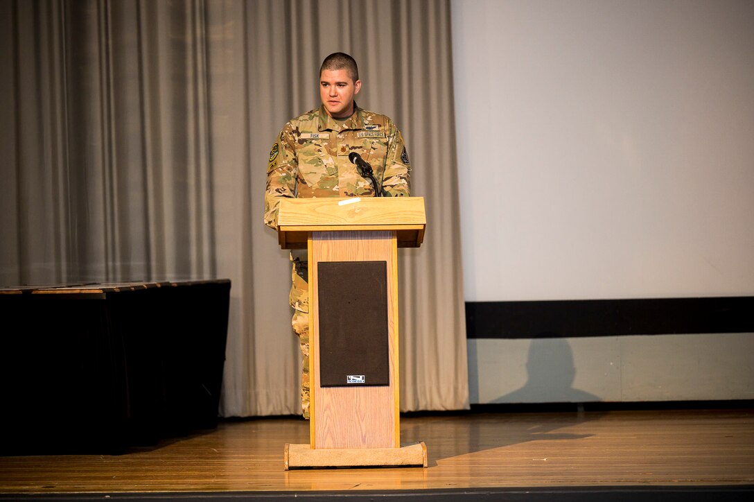 Space Force Maj. Justin Fisk, Space Test Fundamentals Course 21-2 class leader, provides his remarks during his class's graduation ceremony at Edwards Air Force Base, Aug. 20. (Air Force photo by Katherine Franco)