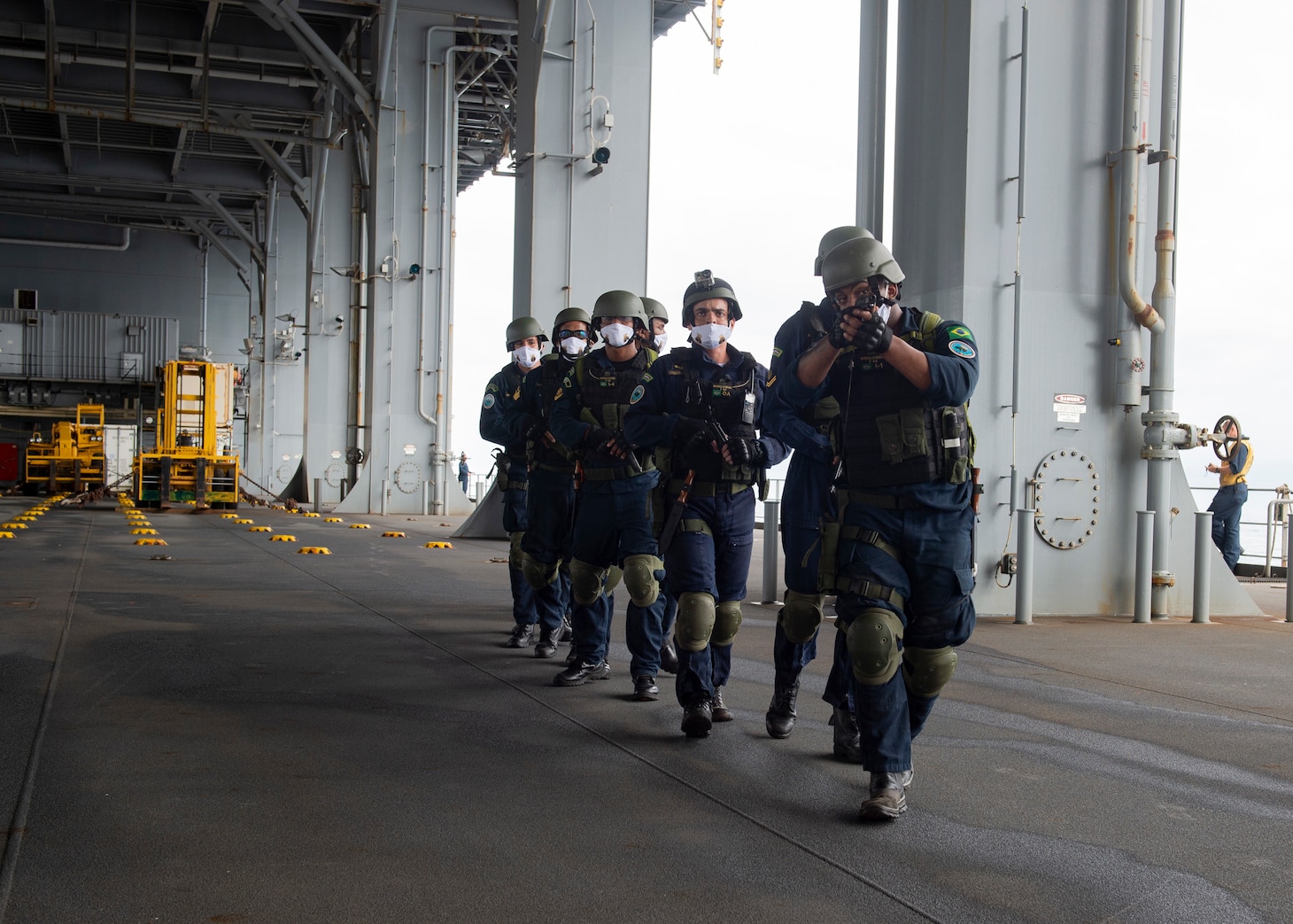 Brazilian Navy Sailors perform a visit, board, search, and seizure drill aboard the Expeditionary Sea Base USS Hershel "Woody" Williams (ESB 4), Aug. 22, 2021. Hershel "Woody" Williams is conducting a maritime security capability exercise to build on its existing partnership with the Brazilian Navy and joint interoperability operations with allies and partners during a scheduled deployment in the U.S. Sixth Fleet area of operations in support of U.S. national interests and security in Europe and Africa.