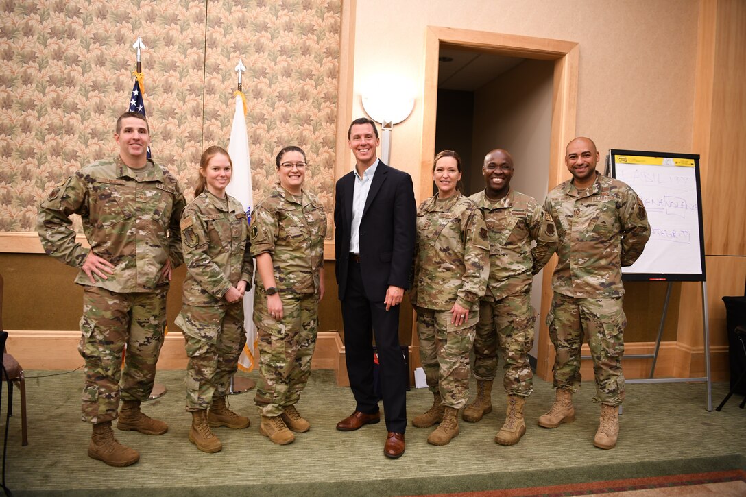 Attendees at The 2021 Technical Sergeants Involved and Mentoring Enlisted Airmen Conferenece spent the week focusing on leadership development, including discussing resiliency, emotional intelligence, physical fitness, leading generations, and more.  Organizers and attendees posed for a picture with the keynote speaker Dr. Kevin Basik.  The TIME Conference was hosted by the Massachusetts Air National Guard at the Southbridge Conference Center, Southbridge Massachusetts August 16 - 20, 2021.   (U.S Air National Guard Photos by Master Sgt. Lindsey S. Watson)