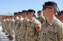 Macedonian soldiers in the Macedonian Embedded Task Force listen as Zoran Konjanovski, the Macedonian minister of defense, gives a speech during a ceremony held to welcome the task force to Afghanistan, April 5. The Macedonian soldiers on the embedded training team will serve with the 86th Infantry Brigade Combat Team, based out of Vermont. Macedonia and Vermont have had a partnership program since 1993, but this is the first time that they have served together in a combat zone.