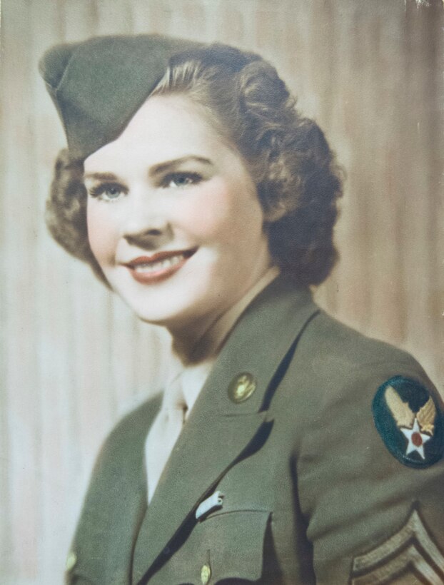 An official photo of Lorraine Vogelsang, a Women’s Army Corps veteran, sits on display at her Cincinnati, Ohio, home, Aug. 19, 2021. Vogelsang served in the WAC from February 1943 until August 1945. (U.S. Air Force photo by Wesley Farnsworth)