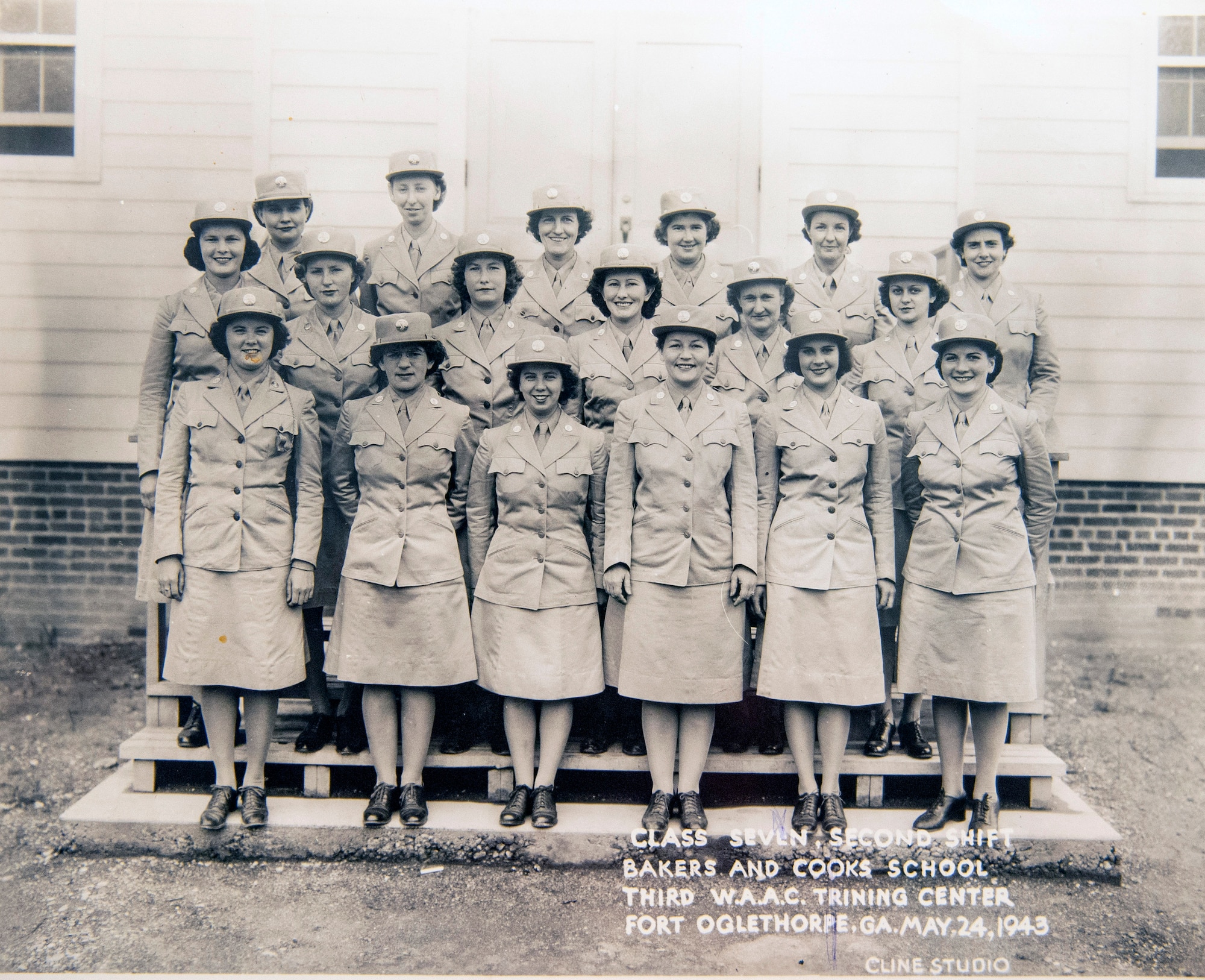 A photo of Lorraine Vogelsang’s Bakers and Cooks School class at Fort Oglethorpe, Georgia, sits on display inside her Cincinnati, Ohio, home, Aug. 19, 2021. Vogelsang served in the Women’s Army Corps from February 1943 until August 1945. (U.S. Air Force photo by Wesley Farnsworth)