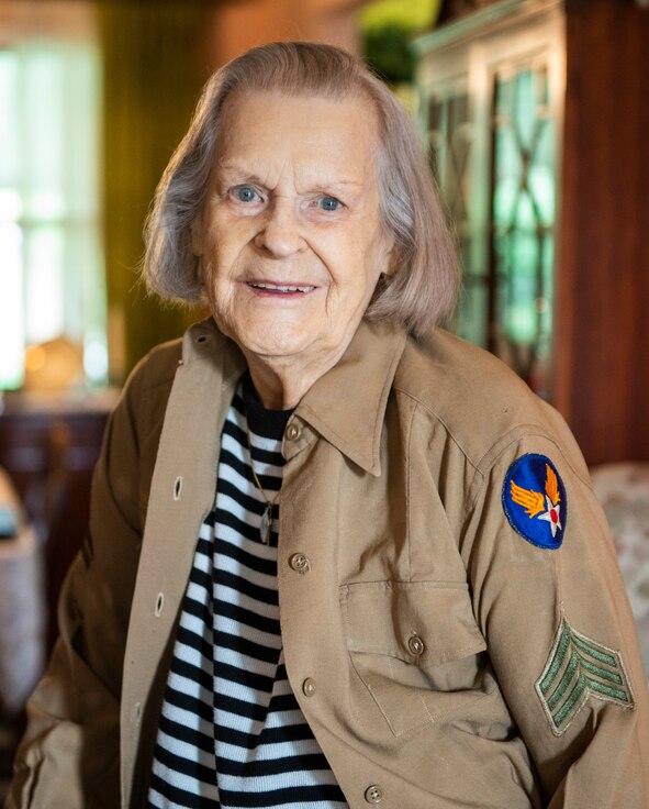 Lorraine Vogelsang, a Womens Army Corps veteran, poses for a photo wearing her uniform top from her time in the service inside her Cincinnati, Ohio, home, Aug. 19, 2021. Vogelsang served in the WAC from February 1943 until August 1945. (U.S. Air Force photo by Wesley Farnsworth)