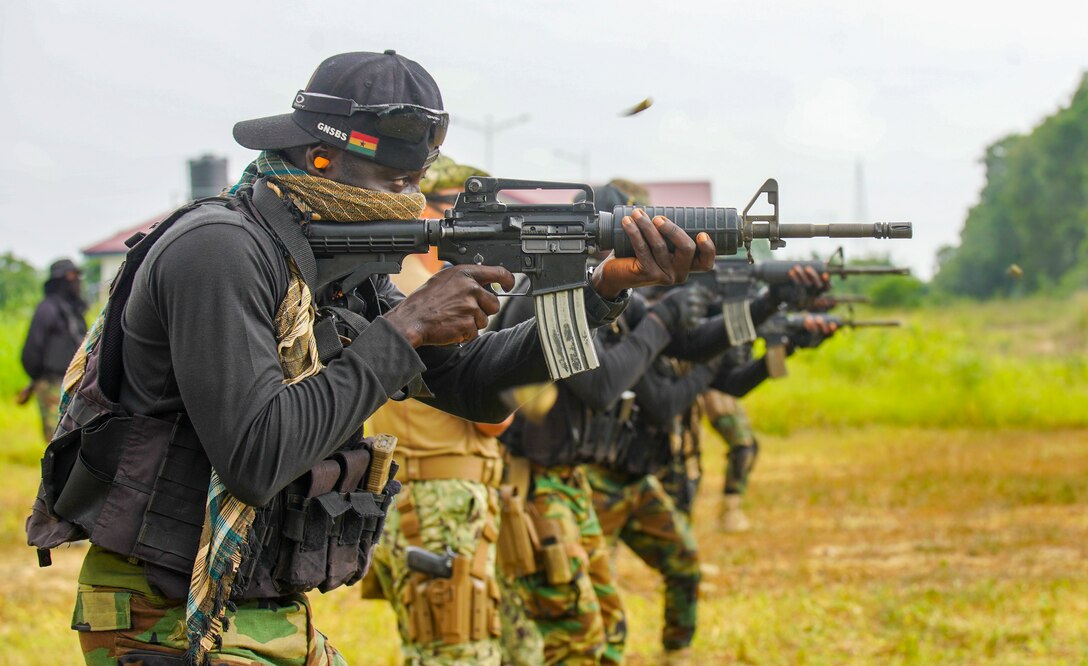 A member of the Ghanaian Special Boat Squadron (SBS) conducts a live-fire drill at the Naval Training Command (NAVTRAC) in Nutekpor-Sogakope, Ghana, Aug. 12, 2021. Combined Task Force-68, deployed aboard the USS Hershel “Woody” Williams, conducted Theatre Security Cooperation training with the SBS at NAVTRAC to enhance operational capabilities and readiness throughout Western Africa. (U.S. Marine Corps photo by Sgt. James Bourgeois)