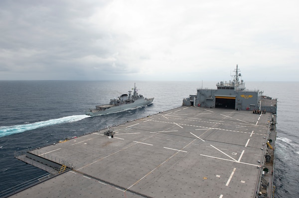 Brazilian Navy frigate Independencia (F-44) executes a maneuver on the port side of the Expeditionary Sea Base USS Hershel "Woody" Williams (ESB 4) during maneuvering drills, Aug. 22, 2021. Hershel "Woody" Williams is conducting a maritime security capability exercise to build on its existing partnership with the Brazilian Navy and joint interoperability operations with allies and partners during a scheduled deployment in the U.S. Sixth Fleet area of operations in support of U.S. national interests and security in Europe and Africa.
