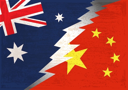Conflict concept of Australian and Chinese flag background
