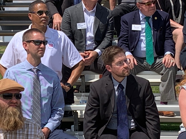Brian Felker (right), Air Force Academy resident engineer, Rocky Mountain Area office, Omaha District, and John Jaszkowiak, project manager, Omaha District, attend official groundbreaking ceremony, August 6.