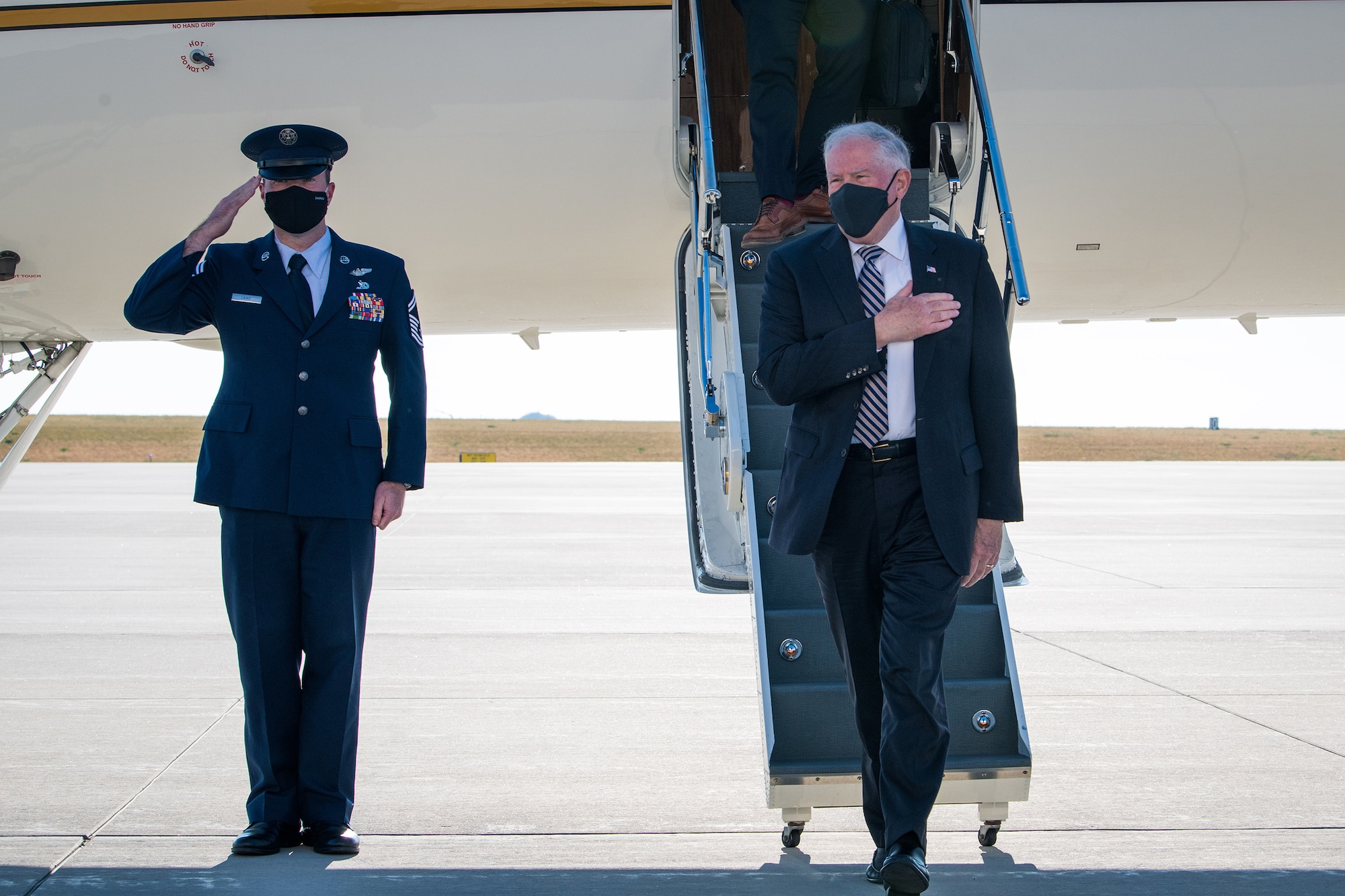 Secretary of the Air Force Frank Kendall disembarks an aircraft and arrives at Buckley Space Force Base, Colo., Aug. 23, 2021.