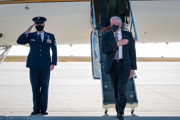 Secretary of the Air Force Frank Kendall disembarks an aircraft and arrives at Buckley Space Force Base, Colo., Aug. 23, 2021.